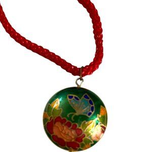 Vintage Cloisonné Pendant Necklace With Red Braided Cord & Floral Butterfly